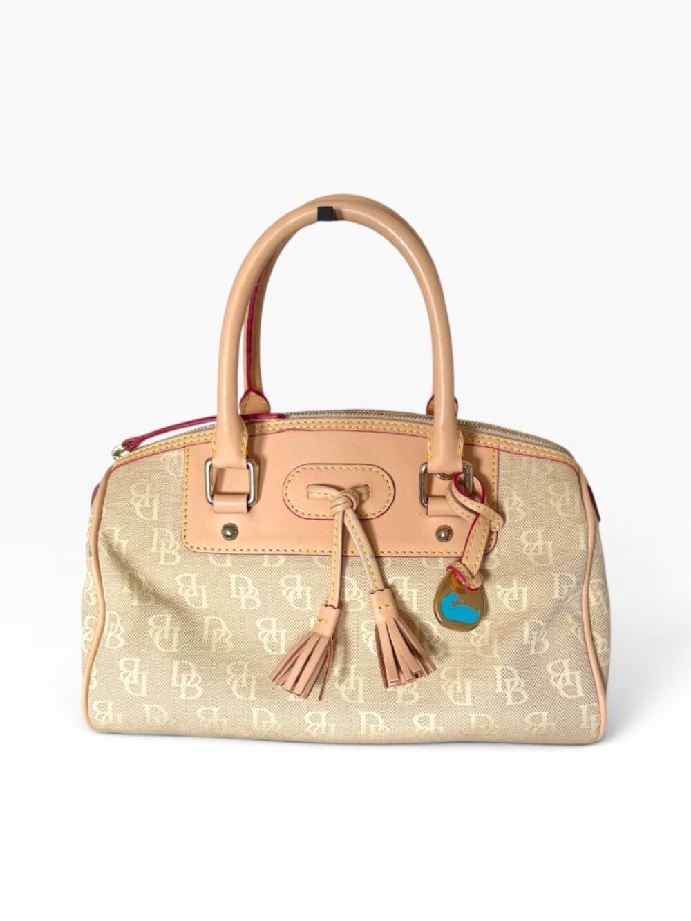 Dooney & Bourke Beige DB Monogram Canvas Bowler Satchel Leather Tassel Charm Bag - Picture 4 of 12